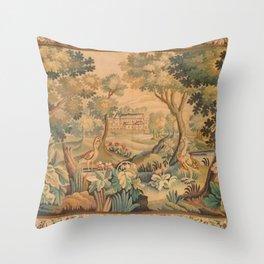 Antique Aubusson Tapestry Romantic 18th Century Manor House Throw Pillow