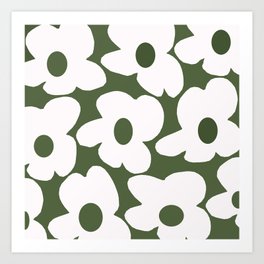 Large White Retro Flowers Forest Green Background #decor #society6 #buyart Art Print