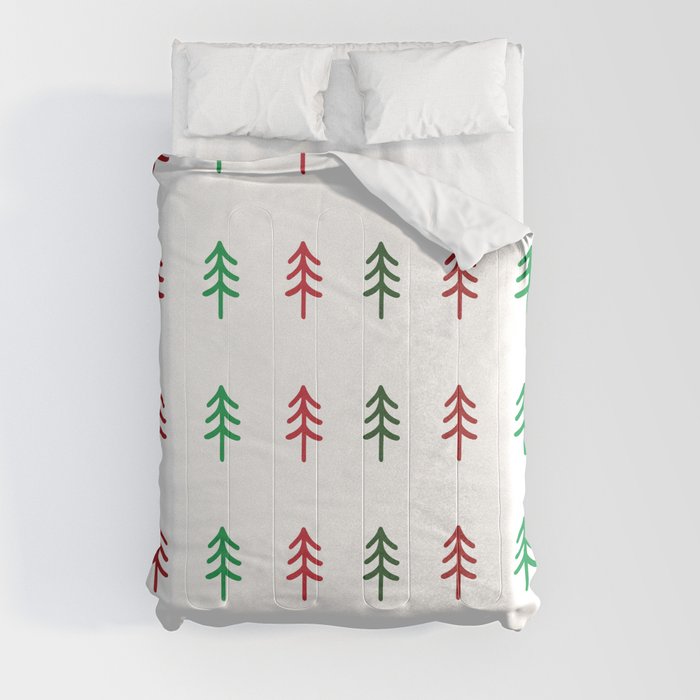 Hand drawn forest green and red trees for Christmas time Comforter