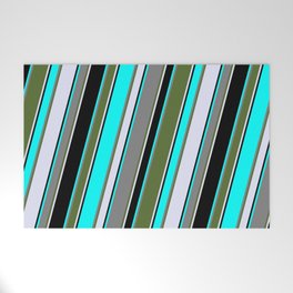 [ Thumbnail: Eyecatching Aqua, Grey, Dark Olive Green, Lavender & Black Colored Lines/Stripes Pattern Welcome Mat ]