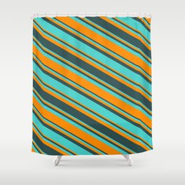 [ Thumbnail: Turquoise, Dark Orange & Dark Slate Gray Colored Pattern of Stripes Shower Curtain ]