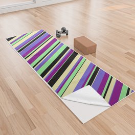 [ Thumbnail: Light Green, Purple, Slate Blue, Pale Goldenrod, and Black Colored Lines/Stripes Pattern Yoga Towel ]