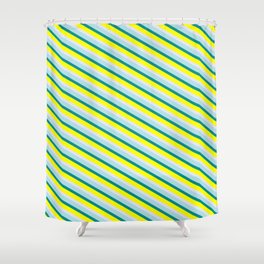 [ Thumbnail: Dark Cyan, Yellow, Lavender, and Powder Blue Colored Striped Pattern Shower Curtain ]
