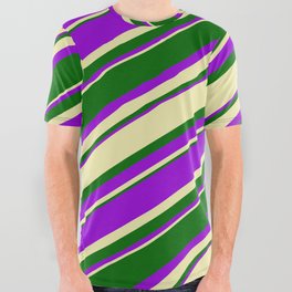 [ Thumbnail: Pale Goldenrod, Dark Green & Dark Violet Colored Lined Pattern All Over Graphic Tee ]
