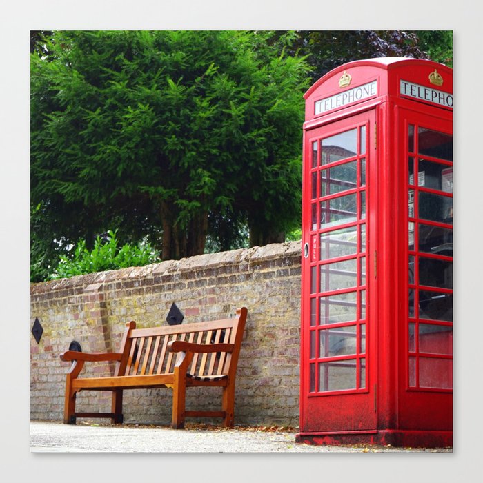 Great Britain Photography - Red Phone Booth By A Wooden Bench Canvas Print