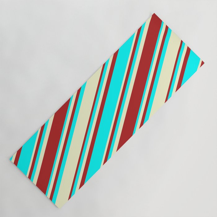 Red, Cyan, and Light Yellow Colored Stripes Pattern Yoga Mat