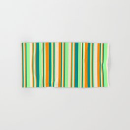 [ Thumbnail: Green, Dark Cyan, Dark Orange, and Beige Colored Stripes Pattern Hand & Bath Towel ]