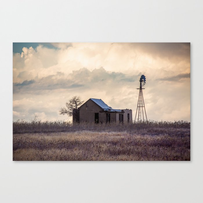 Test of Time - Abandoned House and Windmill in Front of Storm Clouds on Oklahoma Prairie Canvas Print