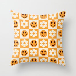 Orange and white checkered flowers and smiley faces pattern  Throw Pillow | Spring, Chessboard, Checkerboard, Checkered, Floral, Flowers, Yasmine Patterns, Dorm Room, Smileys, Summer 