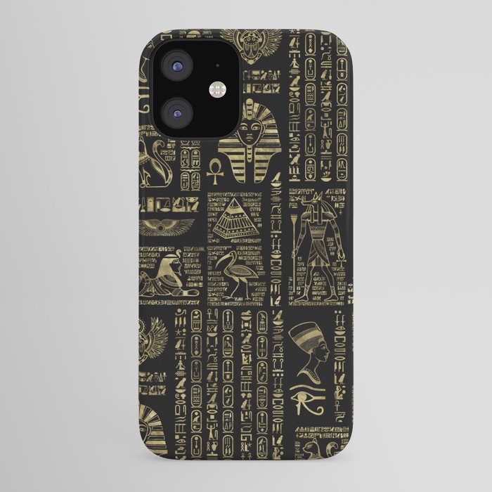 Egyptian hieroglyphs and deities gold on black iPhone Case
