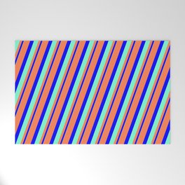 [ Thumbnail: Coral, Blue & Aquamarine Colored Striped/Lined Pattern Welcome Mat ]