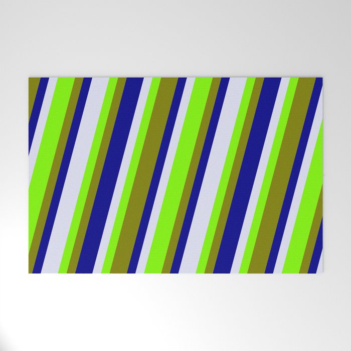 Chartreuse, Green, Dark Blue & Lavender Colored Stripes/Lines Pattern Welcome Mat