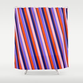 [ Thumbnail: Medium Slate Blue, Red, Midnight Blue, and Pink Colored Lined/Striped Pattern Shower Curtain ]
