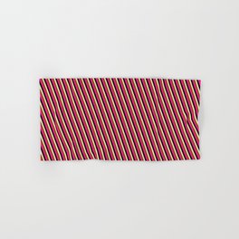 [ Thumbnail: Deep Pink, Black, Tan & Brown Colored Lined/Striped Pattern Hand & Bath Towel ]