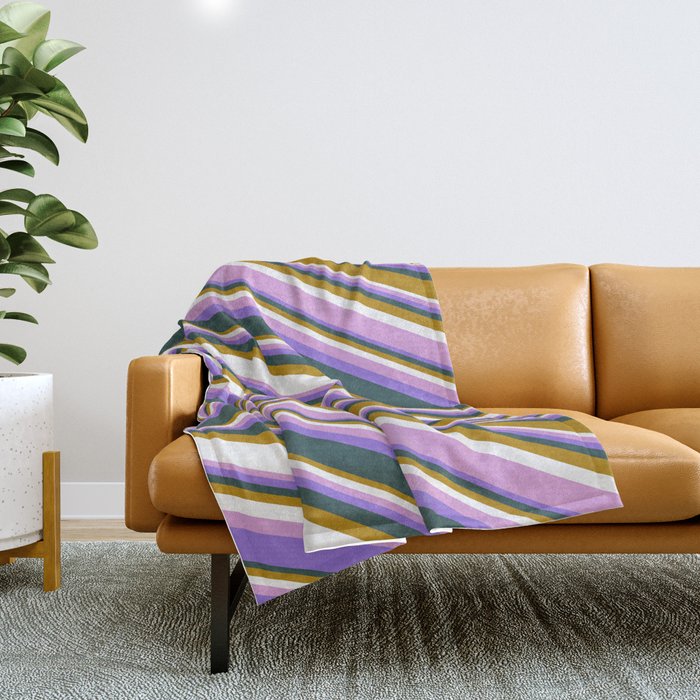 Colorful Dark Goldenrod, White, Plum, Purple & Dark Slate Gray Colored Lines/Stripes Pattern Throw Blanket