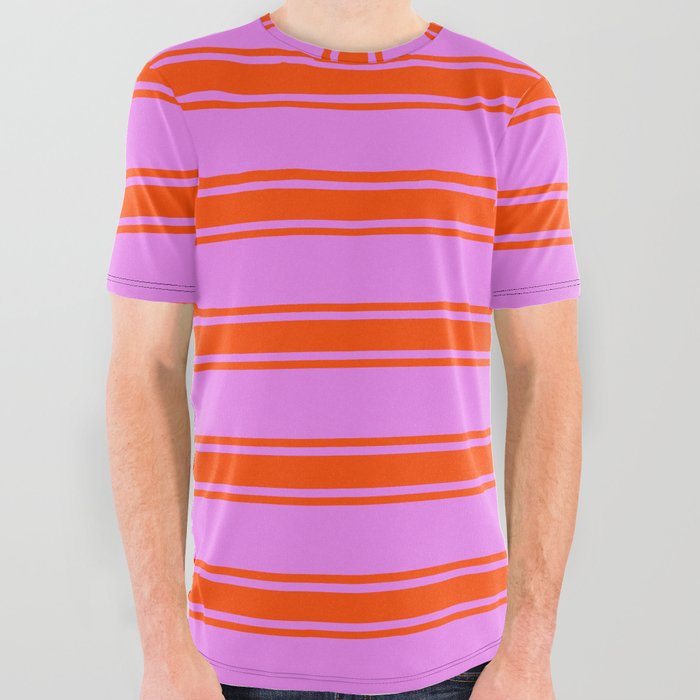 Violet and Red Colored Lined/Striped Pattern All Over Graphic Tee