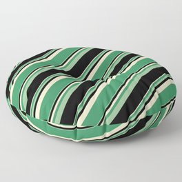 [ Thumbnail: Bisque, Sea Green, Dark Sea Green, and Black Colored Lined Pattern Floor Pillow ]