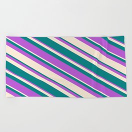 [ Thumbnail: Orchid, Beige & Teal Colored Lines Pattern Beach Towel ]