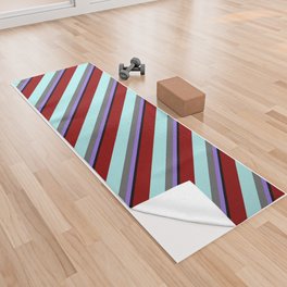 [ Thumbnail: Eye-catching Purple, Dim Gray, Turquoise, Dark Red, and Black Colored Lined Pattern Yoga Towel ]