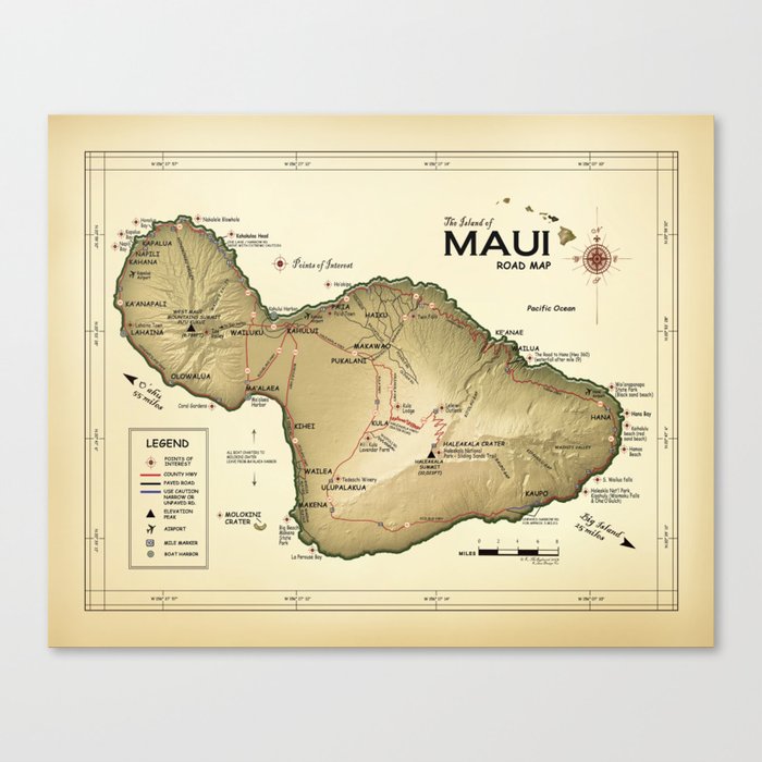 The Island of Maui [vintage inspired] Road map Canvas Print