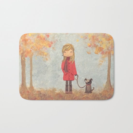 Little girl with dog in autumn landscape Bath Mat
