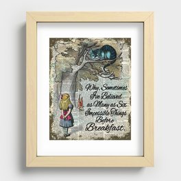 Vintage Alice in Wonderland and Cheshire cat dictionary art background Recessed Framed Print