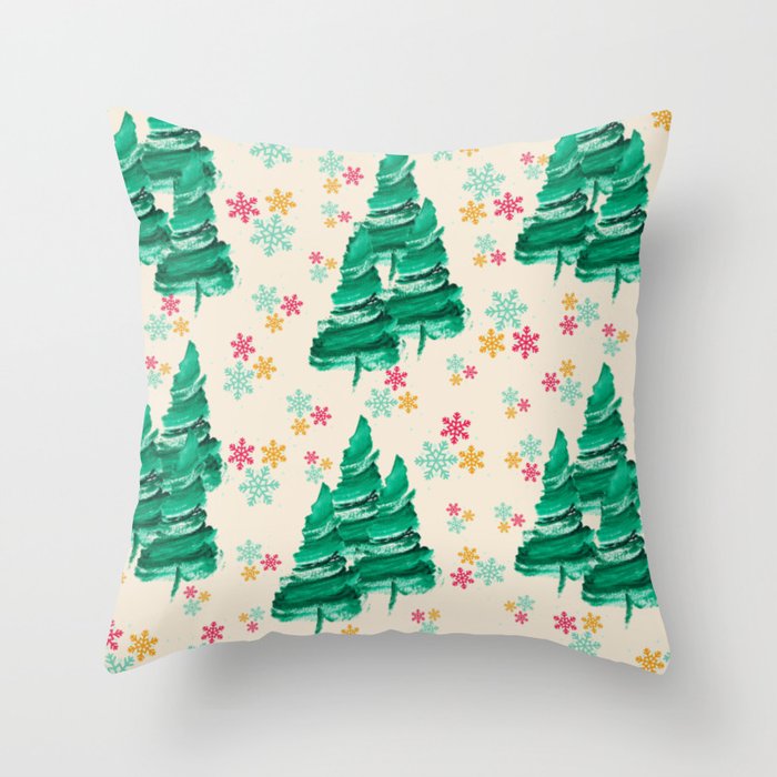 Pine Trees and Snow Flakes (Cream) Throw Pillow