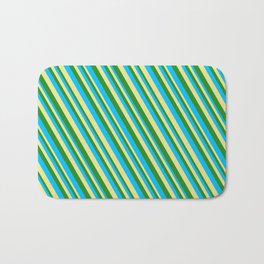 [ Thumbnail: Deep Sky Blue, Tan & Forest Green Colored Striped Pattern Bath Mat ]