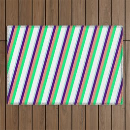 [ Thumbnail: Powder Blue, Indigo, Dark Salmon, Green, and White Colored Pattern of Stripes Outdoor Rug ]
