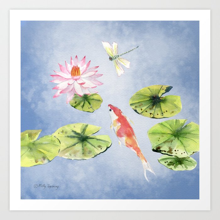 Koi Fish and Dragonfly 2 Art Print