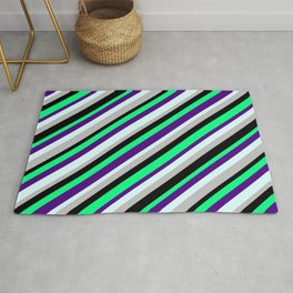[ Thumbnail: Green, Indigo, Light Cyan, Grey, and Black Colored Lines Pattern Rug ]