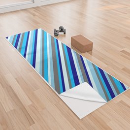 [ Thumbnail: Vibrant Dim Gray, Sky Blue, Light Cyan, Blue & Deep Sky Blue Colored Lined/Striped Pattern Yoga Towel ]