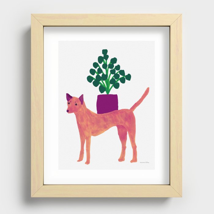 Dog and a Tree Pot - Reddish Purple and White Recessed Framed Print