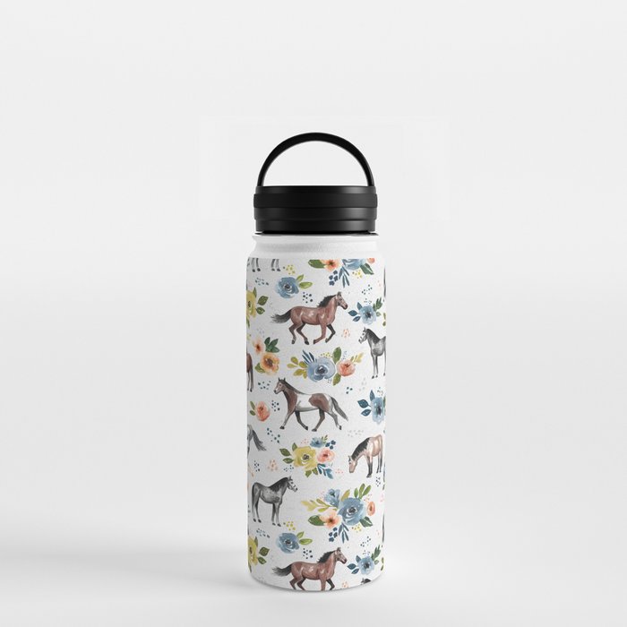 Horses and Flowers, Floral Horses, Western, Horse Art, Horse Decor, Gray Water Bottle