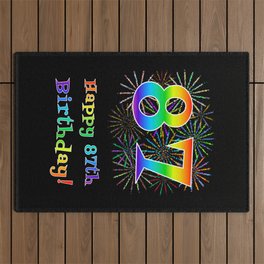 [ Thumbnail: 87th Birthday - Fun Rainbow Spectrum Gradient Pattern Text, Bursting Fireworks Inspired Background Outdoor Rug ]