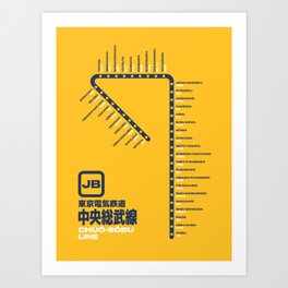 Chuo Sobu Line Tokyo Train Station List Map - Yellow Art Print
