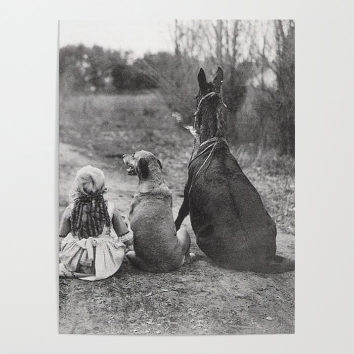 A Girl, Her Dog, and Her Horse wonderful black and white photograph - photography Poster