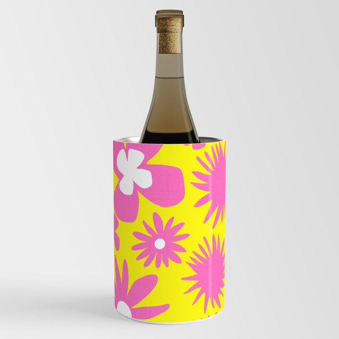 Retro Pop Art Flowers Pink and Yellow Wine Chiller