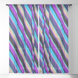 [ Thumbnail: Eyecatching Deep Sky Blue, Tan, Dark Violet, Midnight Blue, and Black Colored Lines Pattern Sheer Curtain ]