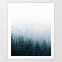 Step Into My Office // Wave Goodbye In A Misty Wilderness Fairytale Forest With Trees In Blue Fog Art Print