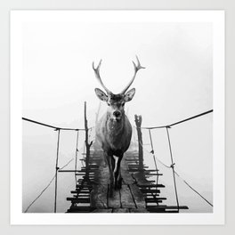 Crossing the bridge Art Print | Walker, Digital, Forest, Animal, Dark, Bridge, Vintage, Pop Art, White, Black And White 