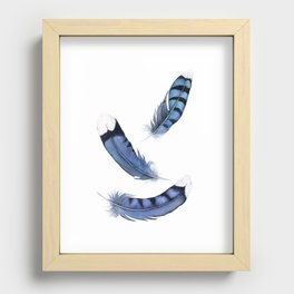 Falling Feather, Blue Jay Feather, Blue Feather watercolor painting by Suisai Genki Recessed Framed Print