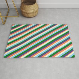 [ Thumbnail: Coral, Light Yellow, Light Sky Blue, Green & Dark Slate Blue Colored Lined/Striped Pattern Rug ]