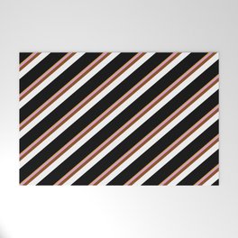 [ Thumbnail: Eye-catching Goldenrod, Plum, Brown, White & Black Colored Stripes Pattern Welcome Mat ]