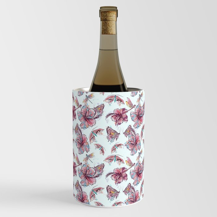 floral pattern, hibiscus flowers and dragonflies Wine Chiller