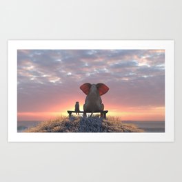 elephant and dog watch the sunrise on the seashore Art Print