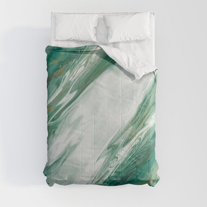 Emerald Jade Green Gold Accented Painted Marble Comforter
