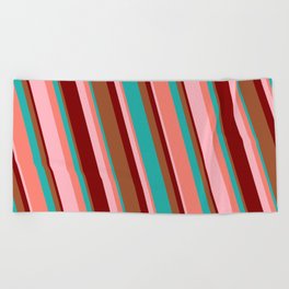[ Thumbnail: Eye-catching Sienna, Light Sea Green, Salmon, Light Pink, and Maroon Colored Striped Pattern Beach Towel ]