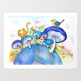 Blue Mushrooms, cat and bird Art Print