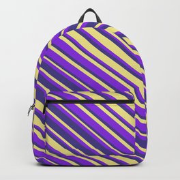 [ Thumbnail: Purple, Dark Slate Blue, and Tan Colored Striped Pattern Backpack ]